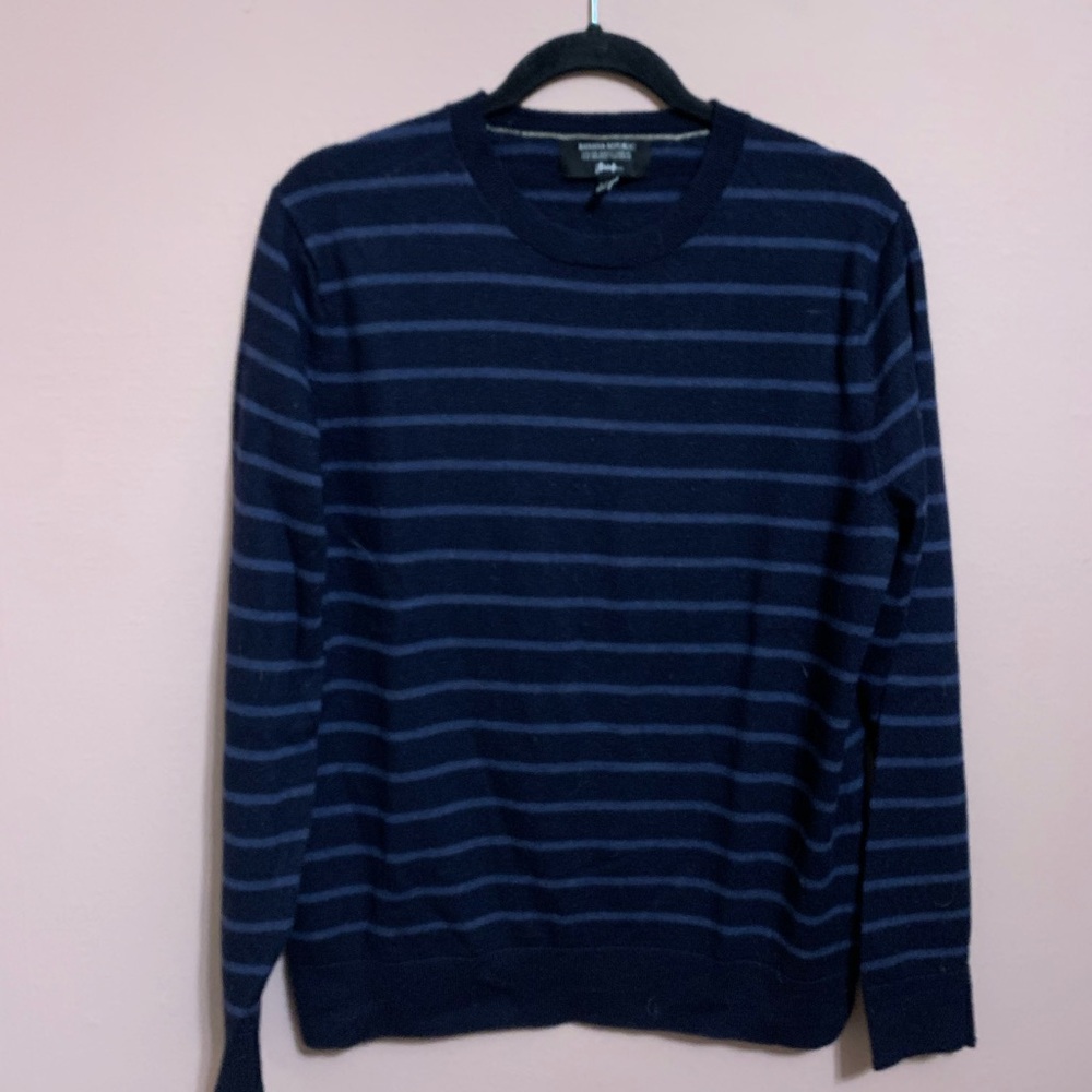Banana Republic Men's Dark Blue Striped Crewneck Sweater, soft and luxe